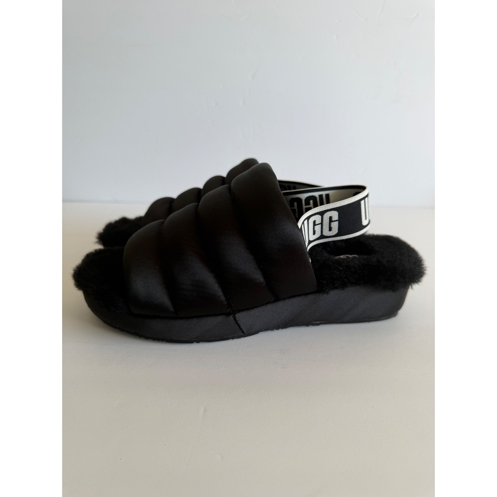 UGG Fluffita Puffer Black Satin Slingback Platform Slides Y2K Womens 8